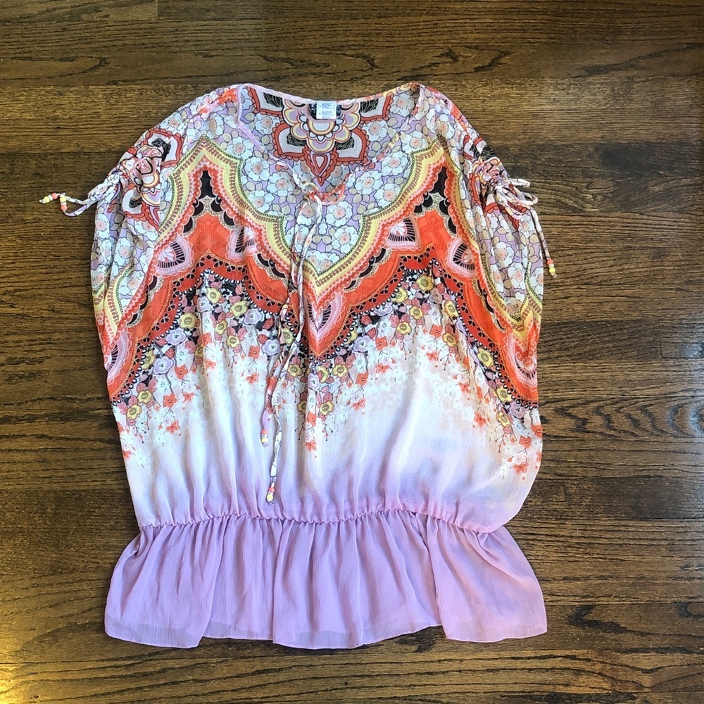 Boho Bohemian Sheer Beaded Abstract Floral Drop Waist Cover-Up Blouse
